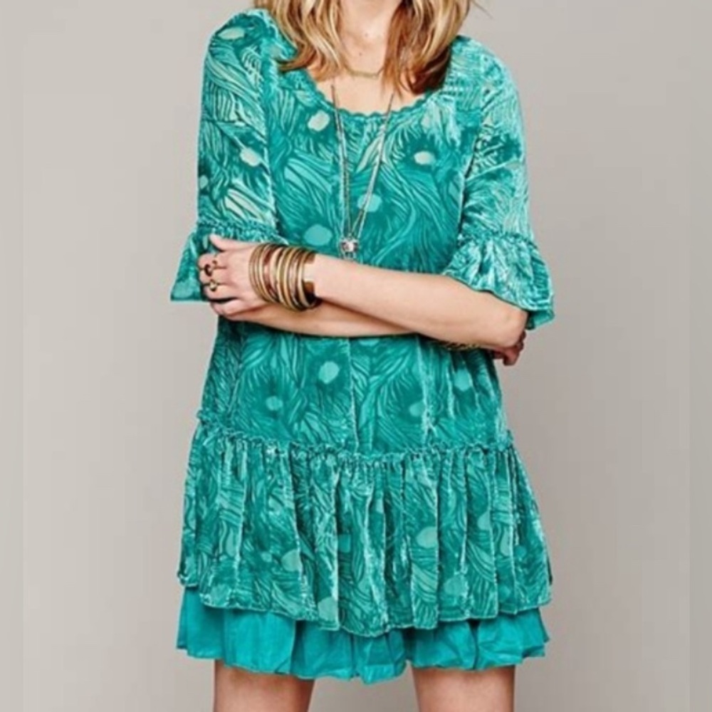 Free People Green Zen Garden Peacock Velvet‎ Tunic Mini Dress, Size XS